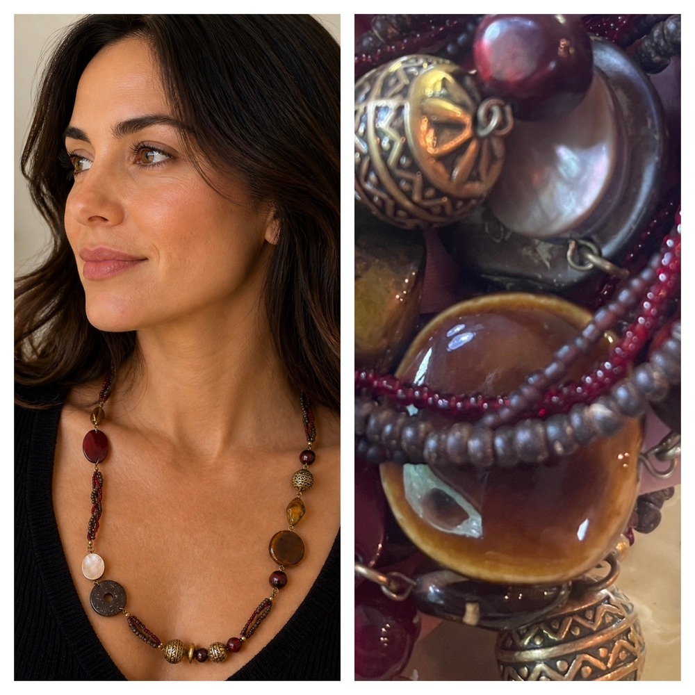Coldwater Creek Mixed Bead Necklace Multi Strand Burgundy Brass Shell Wood Boho